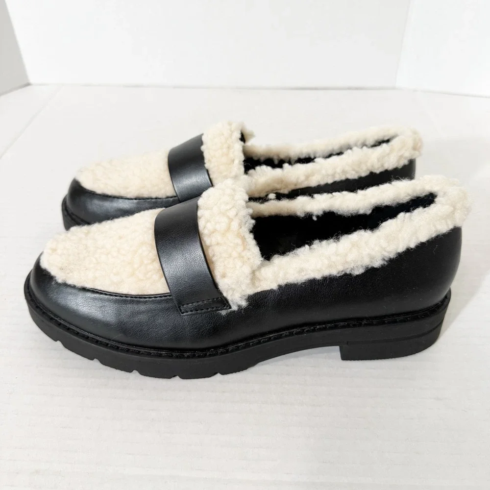 JustFab Leli Womens Black Cream Sherpa Chunky Platform Lug Sole Loafer Size 8